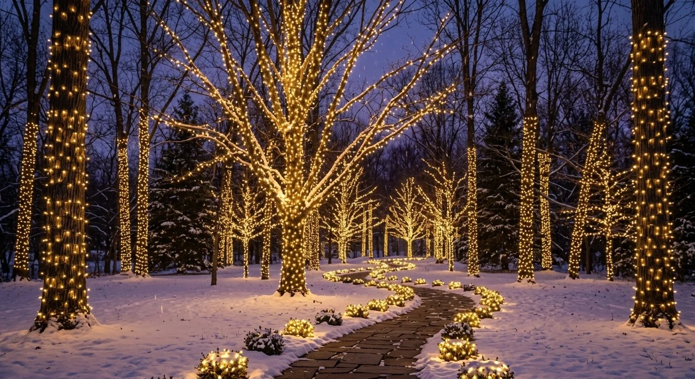 Snow-covered park with trees wrapped in yellow string lights, a stone pathway illuminated with ground lights, and a winter evening backdrop.