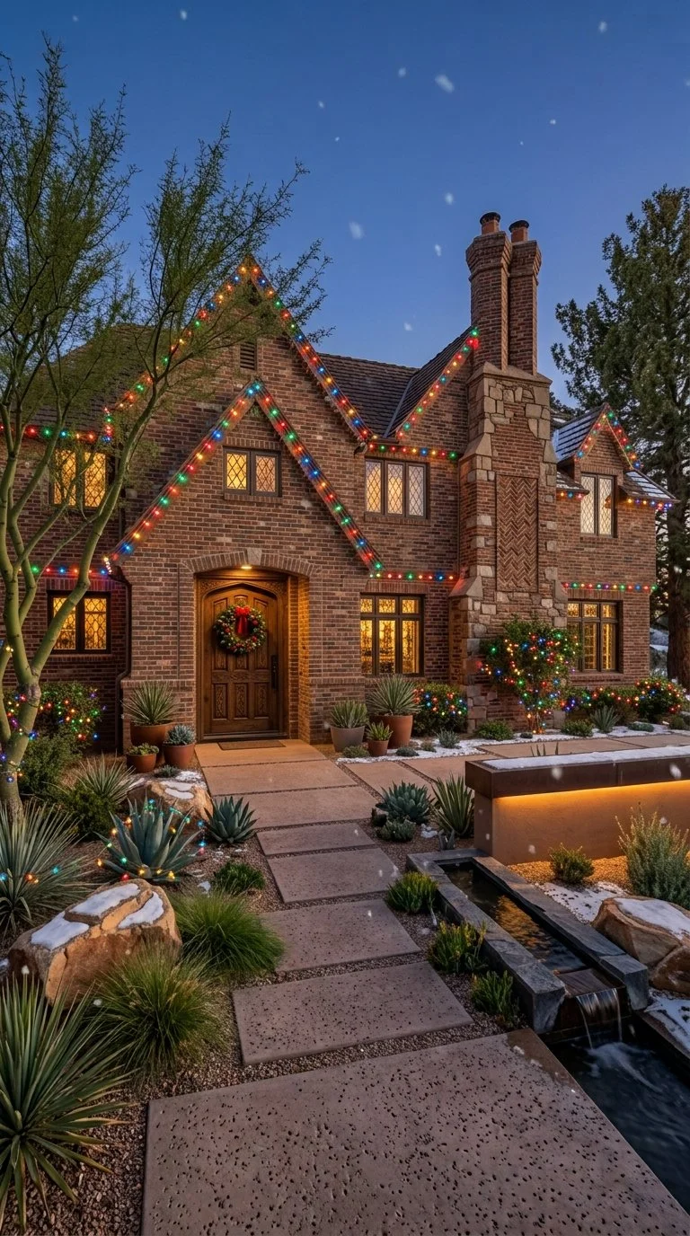 A brick house decorated for Christmas with multicolored string lights along the roofline, a wreath on the front door, and Christmas lights on bushes. There are potted plants and a small water feature in the front yard, with snow on some rocks and the ground. The house has warm lit windows and trees in the background.