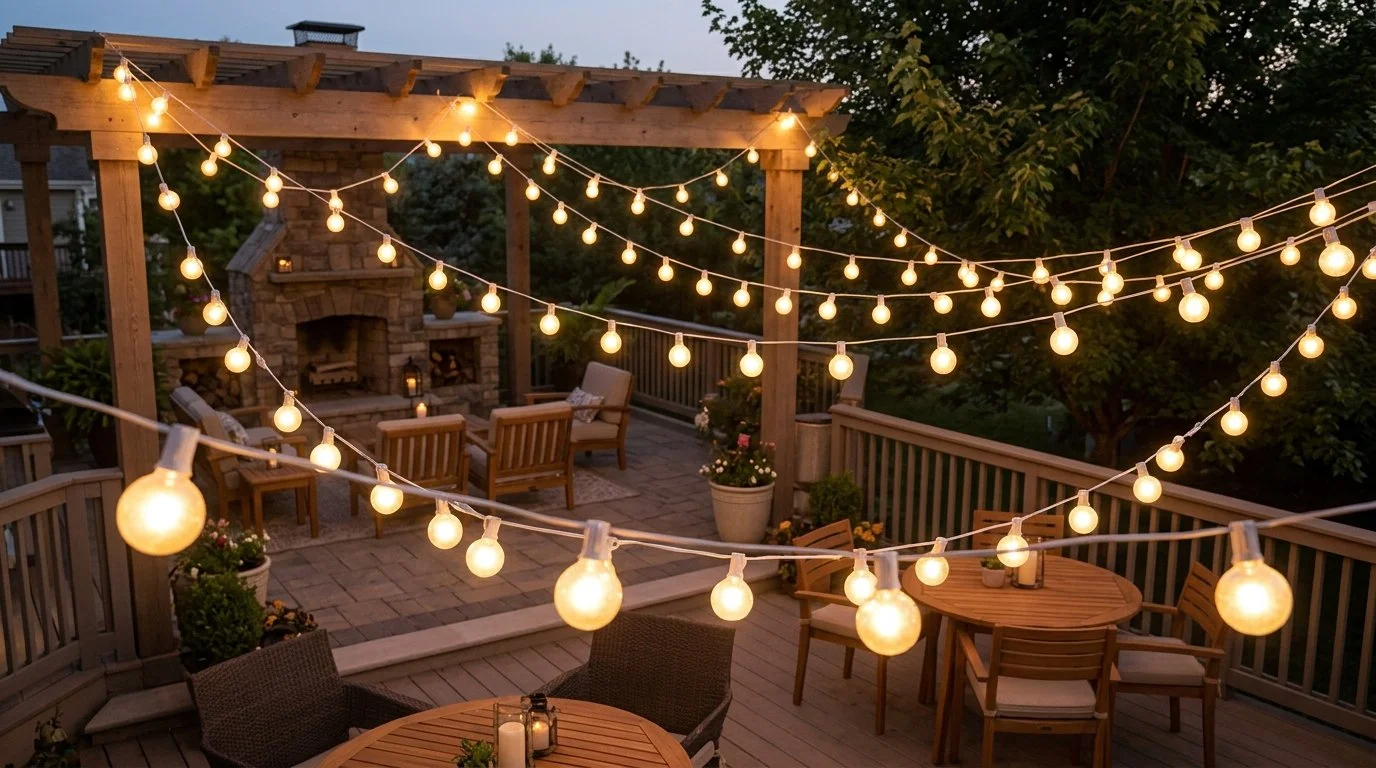 Outdoor patio decorated with string lights, wooden furniture, potted plants, and a stone outdoor fireplace, during dusk.