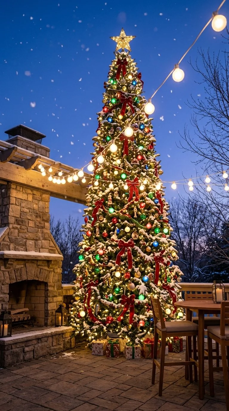 Decorated Christmas tree with lights, ornaments, bows, and a star on top, surrounded by wrapped gifts, outside patio with table and chairs, string lights, and snow falling, during twilight.