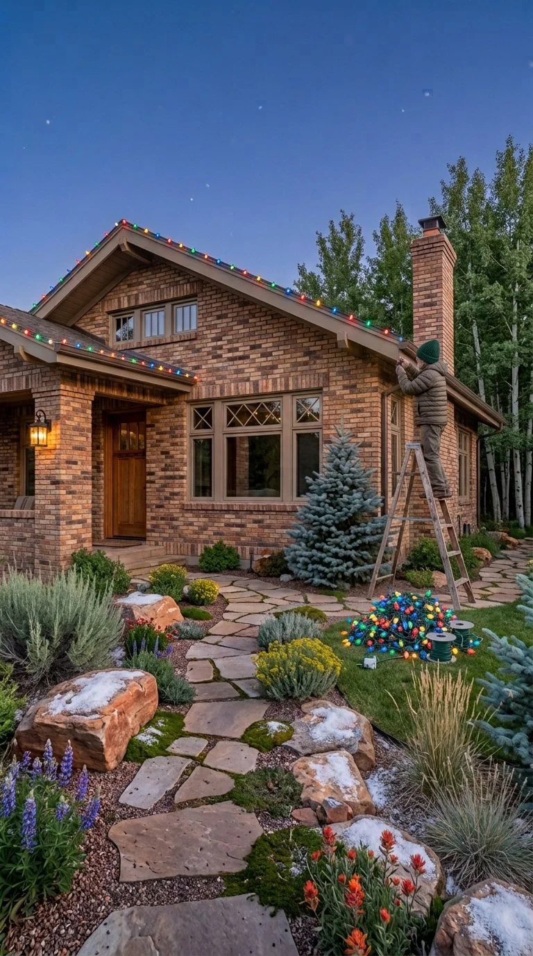 A person standing on a ladder decorating the roof of a brick house with colorful Christmas lights during dusk or early evening.