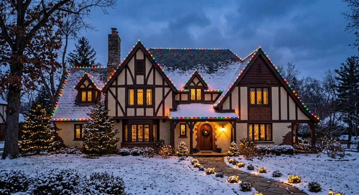 A snow-covered house decorated with Christmas lights and wreath on the front door, during evening with a blue sky and illuminated windows.