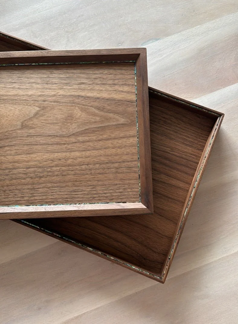 WALNUT MOTHER OF PEARL TRAY SET