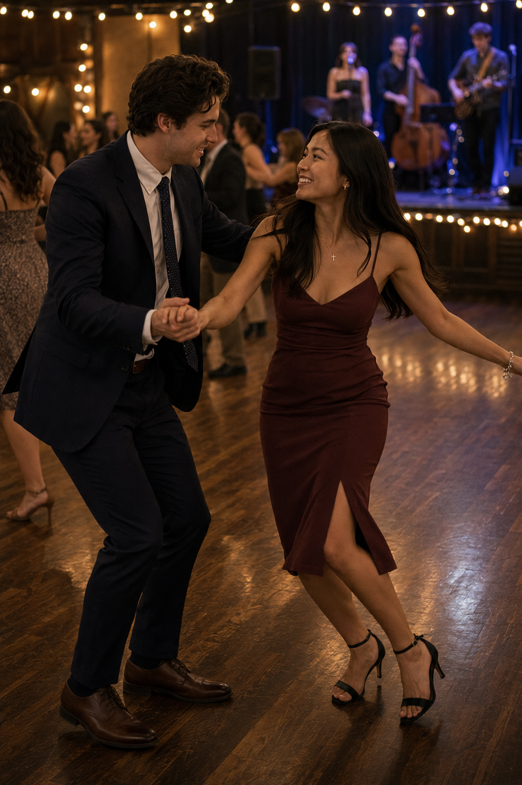 A couple dancing together at a party or dance event, with a band playing on stage in the background and string lights overhead.