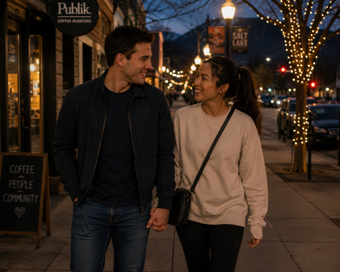 A man and woman walking hand in hand on a city street at night, smiling and looking at each other. The street is decorated with string lights on trees, and there are shops and parked cars visible in the background.