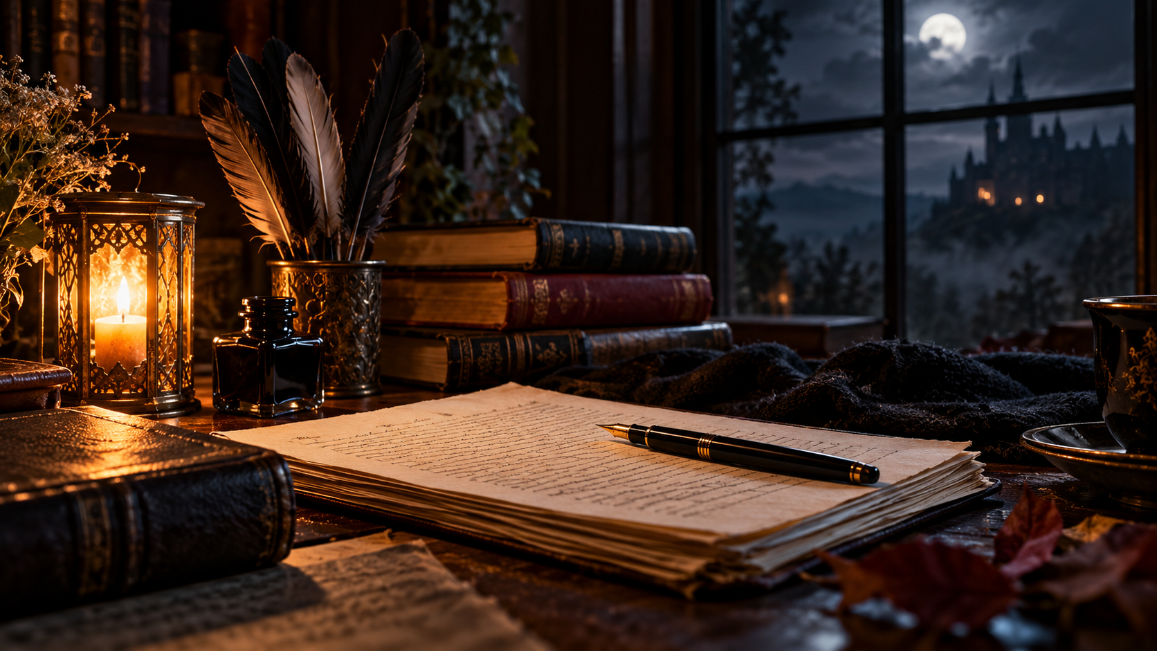 A cozy, dimly lit desk with old books, a fountain pen, and a sheet of handwritten paper, illuminated by a candle and surrounded by autumn leaves, with a window showing a castle on a hill under a full moon at night.