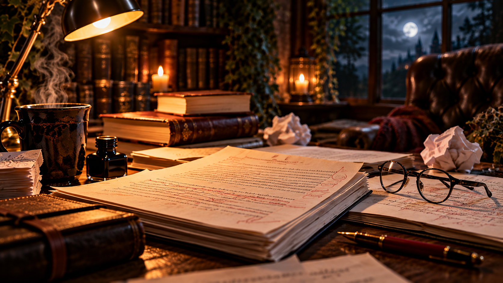 A cluttered desk in a cozy, dimly lit room with candles and a full moon outside the window. The desk has papers, books, a pen, a pair of glasses, a cup of steaming coffee or tea, and various writing supplies.