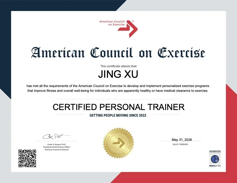 Certificate from the American Council on Exercise certifying Jing Xu as a personal trainer, issued on May 31, 2028, with a gold seal and a QR code.