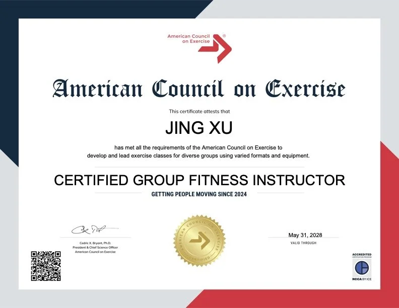 Certificate from the American Council on Exercise awarded to Jing Xu for certified group fitness instructor, valid through May 31, 2028, with a gold seal and QR code.