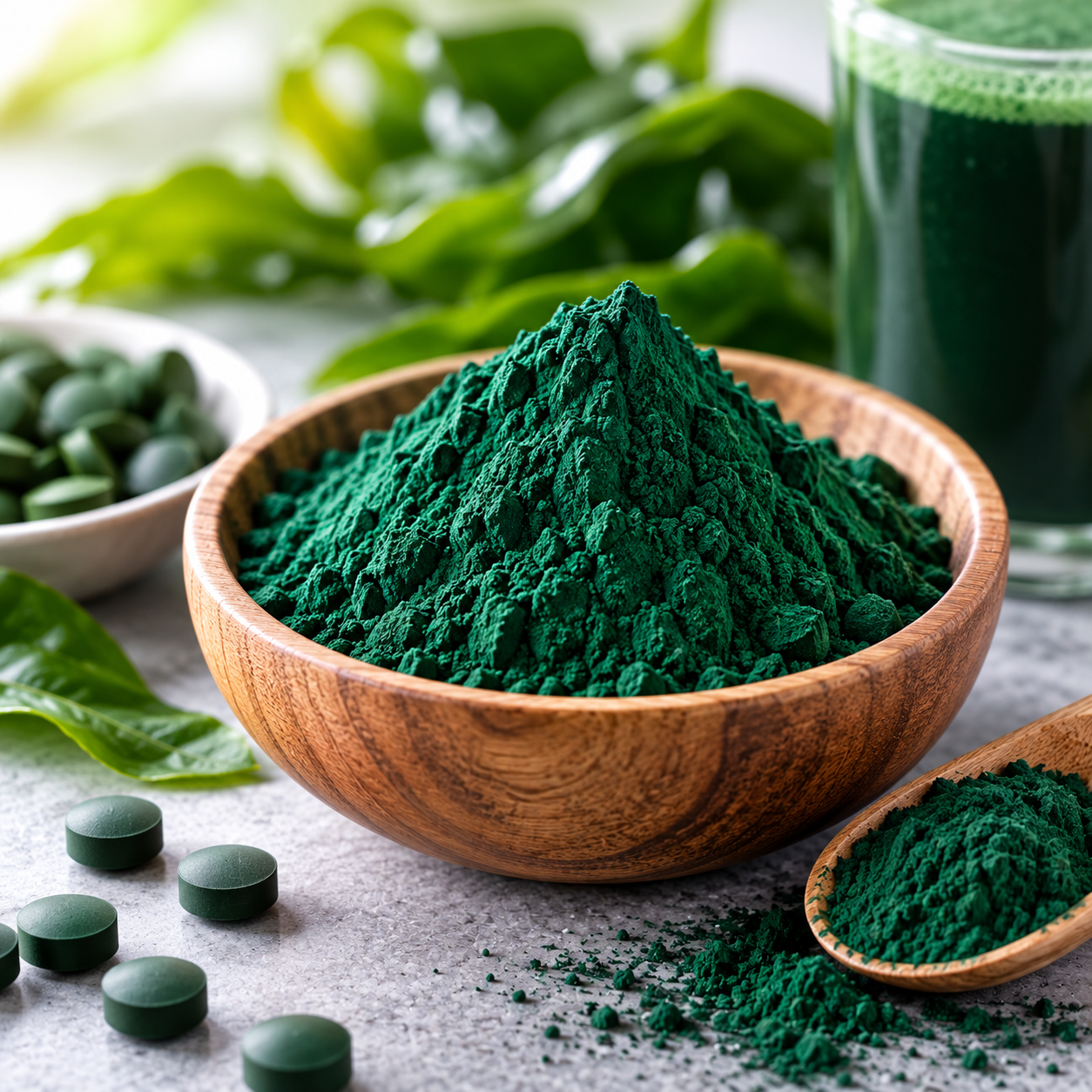 A wooden bowl filled with green spirulina powder, with some powder spilled on the table. There are green tablets and plants in the background, and a tall glass of green spirulina juice.