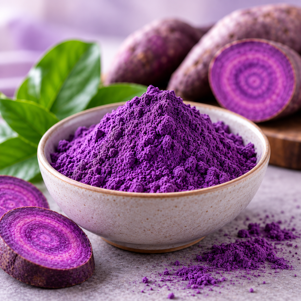 A white bowl filled with vibrant purple powdered beetroot, with fresh beetroot roots and slices in the background, along with green leaves.