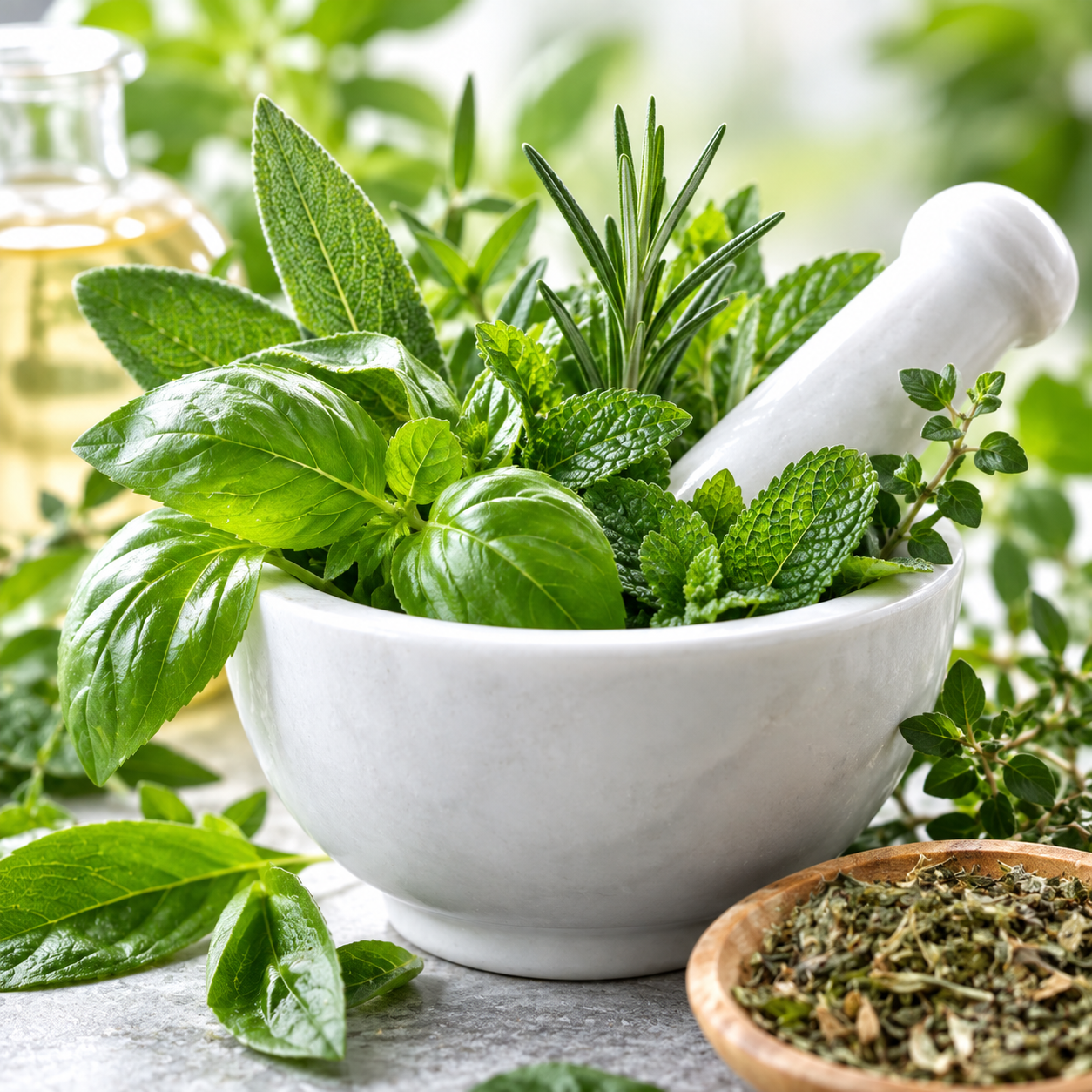 Fresh herbs including basil, rosemary, mint, and sage in a white mortar and pestle with a small bowl of dried herbs nearby.