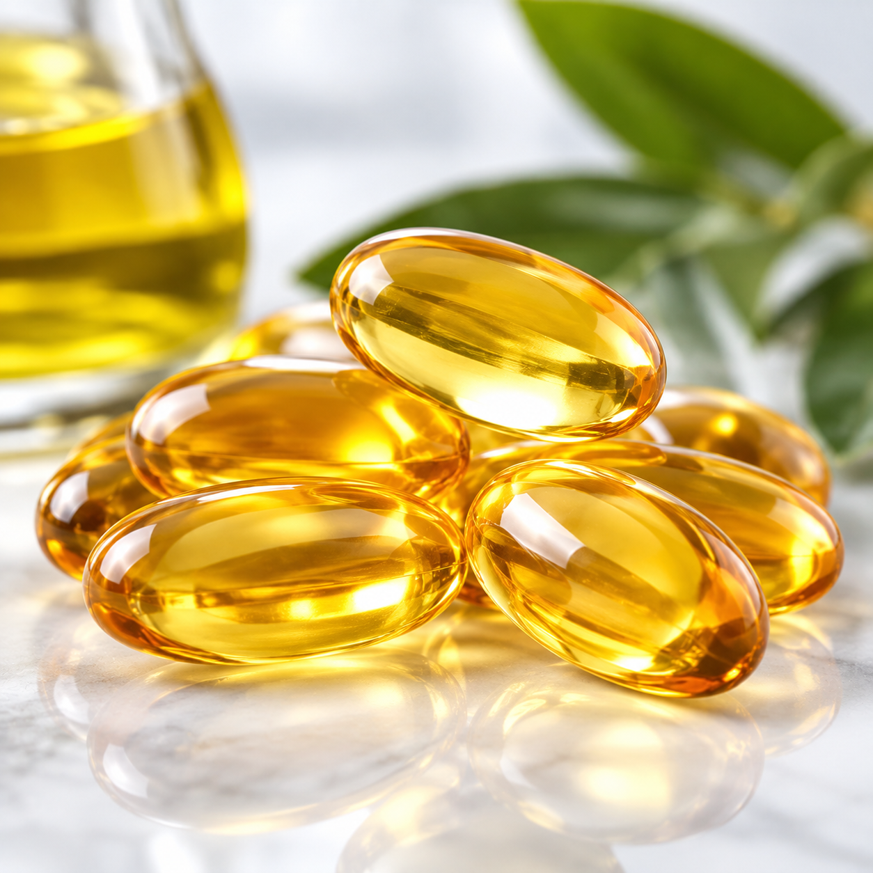 A pile of yellow softgel capsules with a blurred bottle of oil and green leaves in the background.