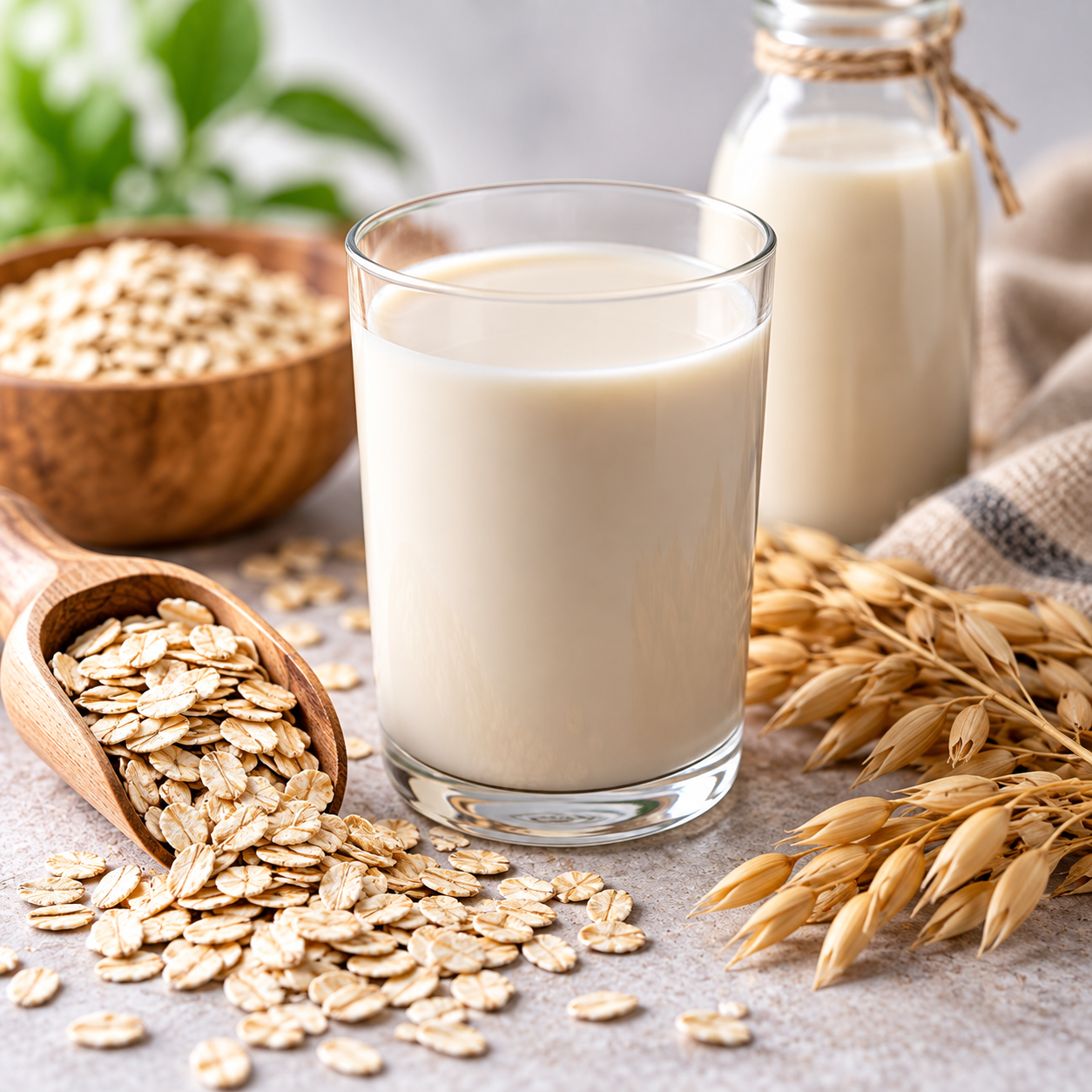 A glass of oat milk with oat grains, oats in a wooden scoop, a bowl of oats, and oat stalks on a light surface.