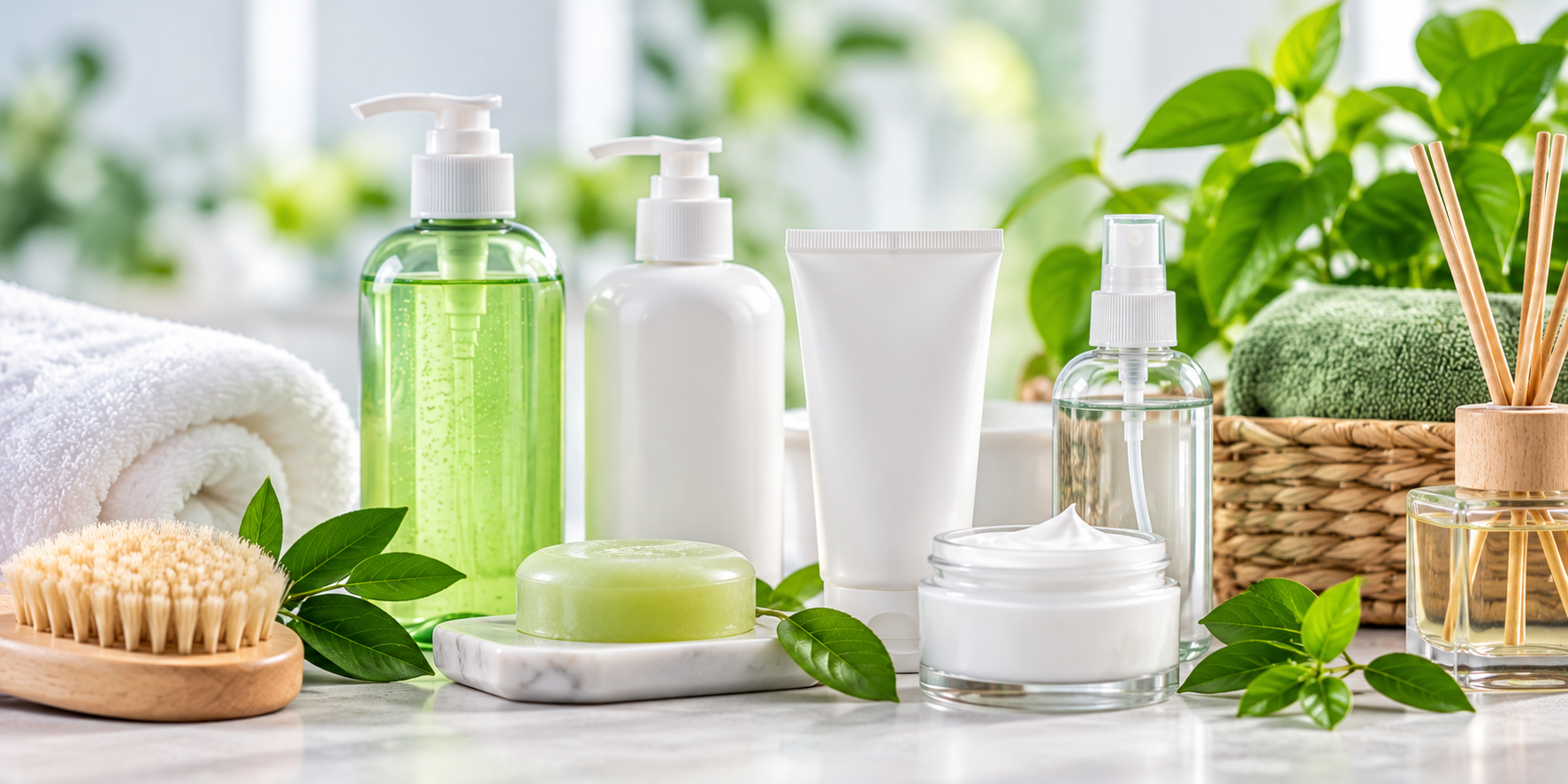 An assortment of skincare and grooming products on a white surface, including bottles, jars, a brush, and a soap, with green plants and towels in the background.