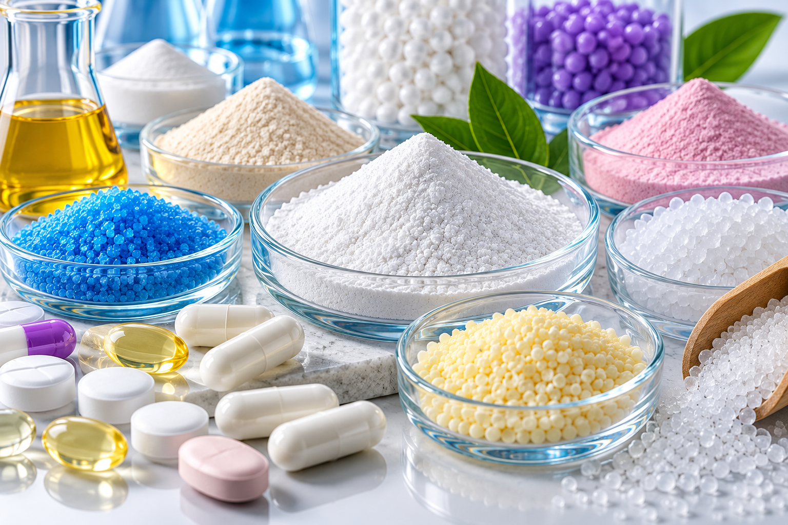 Various colorful pharmaceutical powders, pills, capsules, and tablets in glass bowls and scattered on a white surface with glass containers in the background.