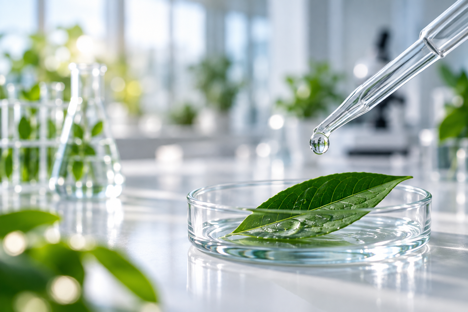 A pipette with a droplet of liquid about to fall onto green leaves in a petri dish, in a laboratory with sunlight and green plants in the background.