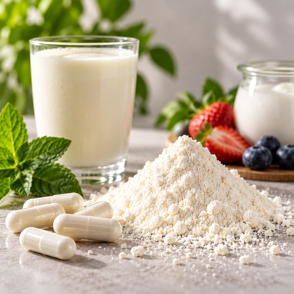 A glass of protein shake, white capsules, a mound of protein powder, strawberries, blueberries, and a jar of yogurt on a wooden tray with green leaves in the background, on a white surface.