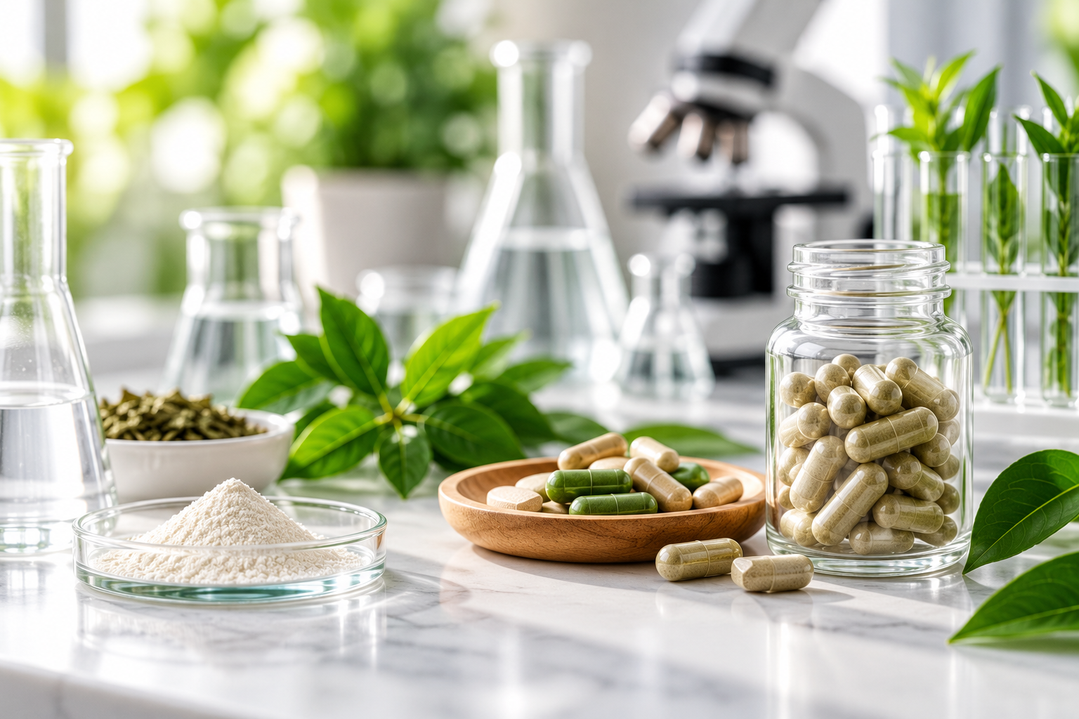 Various supplements and herbs on a laboratory table, including a jar of capsules, loose pills on a wooden dish, and a bowl of powder, with scientific glassware and a microscope in the background.