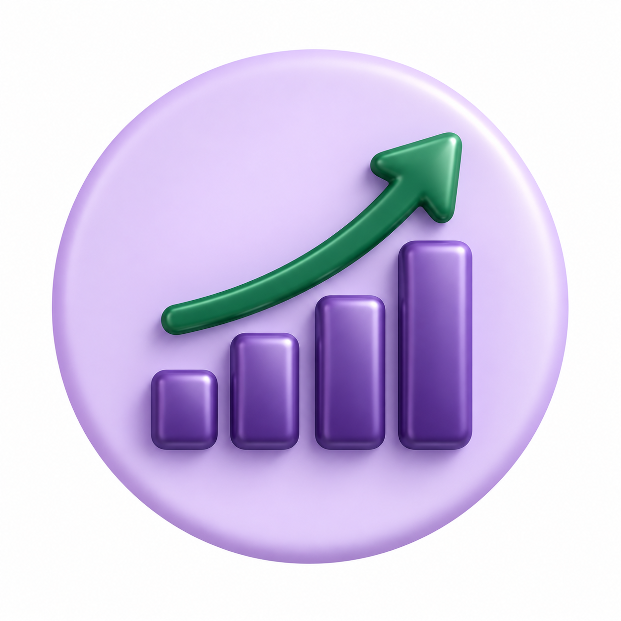 A purple circle background with a bar chart showing increasing purple bars and a green upward arrow indicating growth or progress.