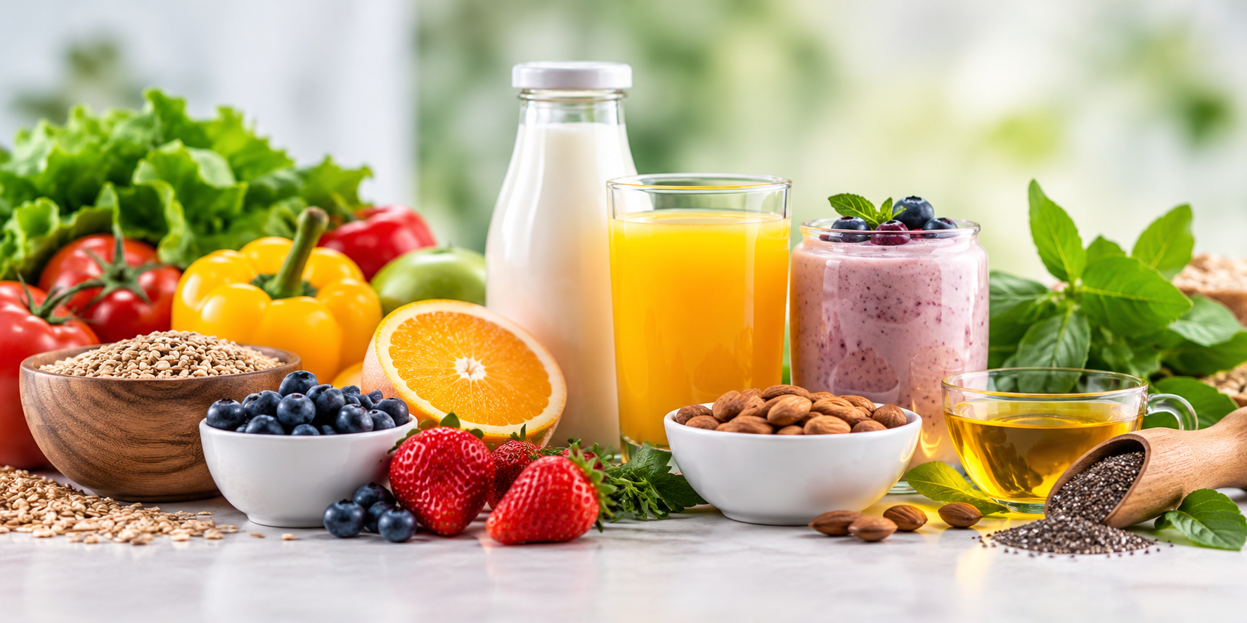 A variety of healthy breakfast foods including fresh fruits, vegetables, nuts, seeds, and drinks like orange juice, milk, and herbal tea arranged on a light surface with blurred greenery in the background.