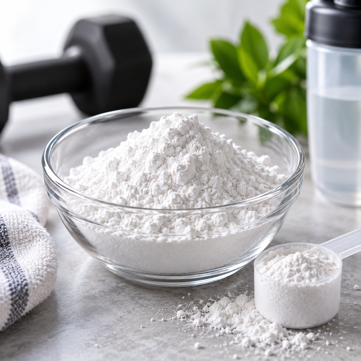 A glass bowl filled with white flour placed on a light surface, with a small scoop of flour beside it, a black dumbbell, a water bottle, and some green leaves in the background.