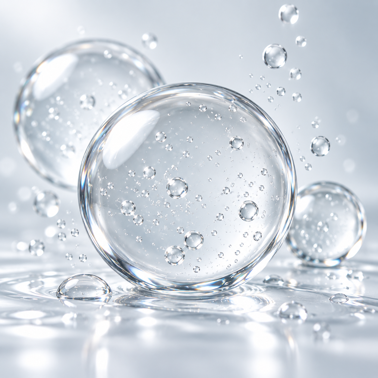 Close-up of clear glass spheres with bubbles inside, some floating and some resting on a reflective surface.