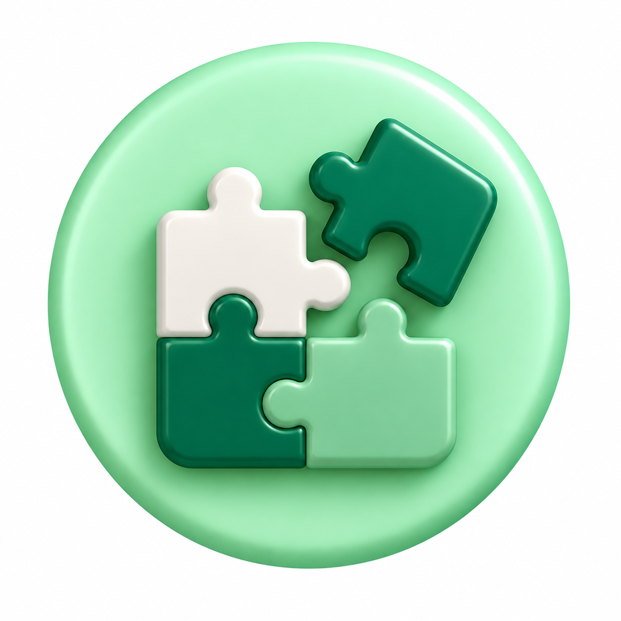 Four puzzle pieces in green and white colors, fitting together inside a green circular background.