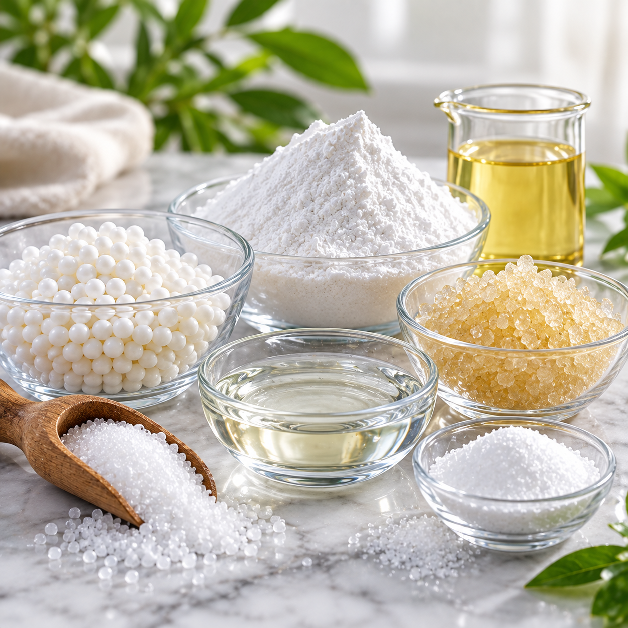 Various bowls and containers with sugar, flour, oil, and other baking ingredients on a countertop.