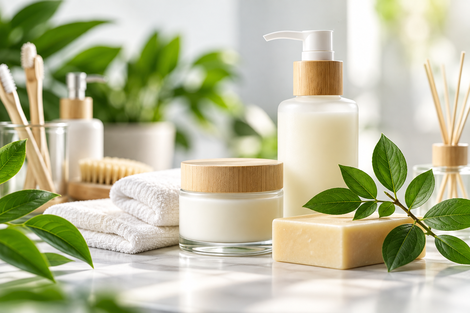 Skincare products including a jar, a pump bottle, and a soap bar with green leaves in the foreground, on a white surface with a green plant and bathroom accessories in the background.