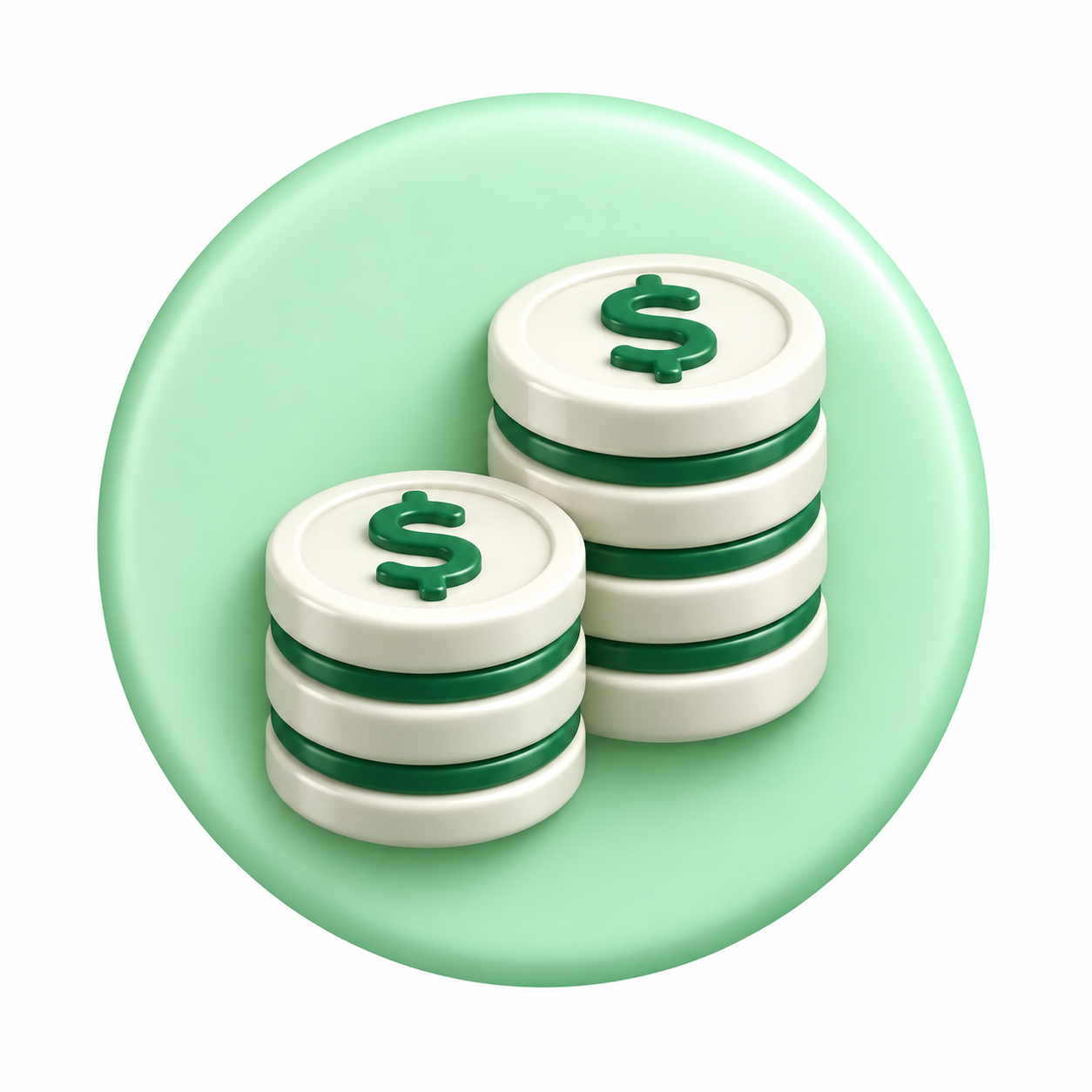 Stack of white coins with green dollar signs on top, inside a green circular background.