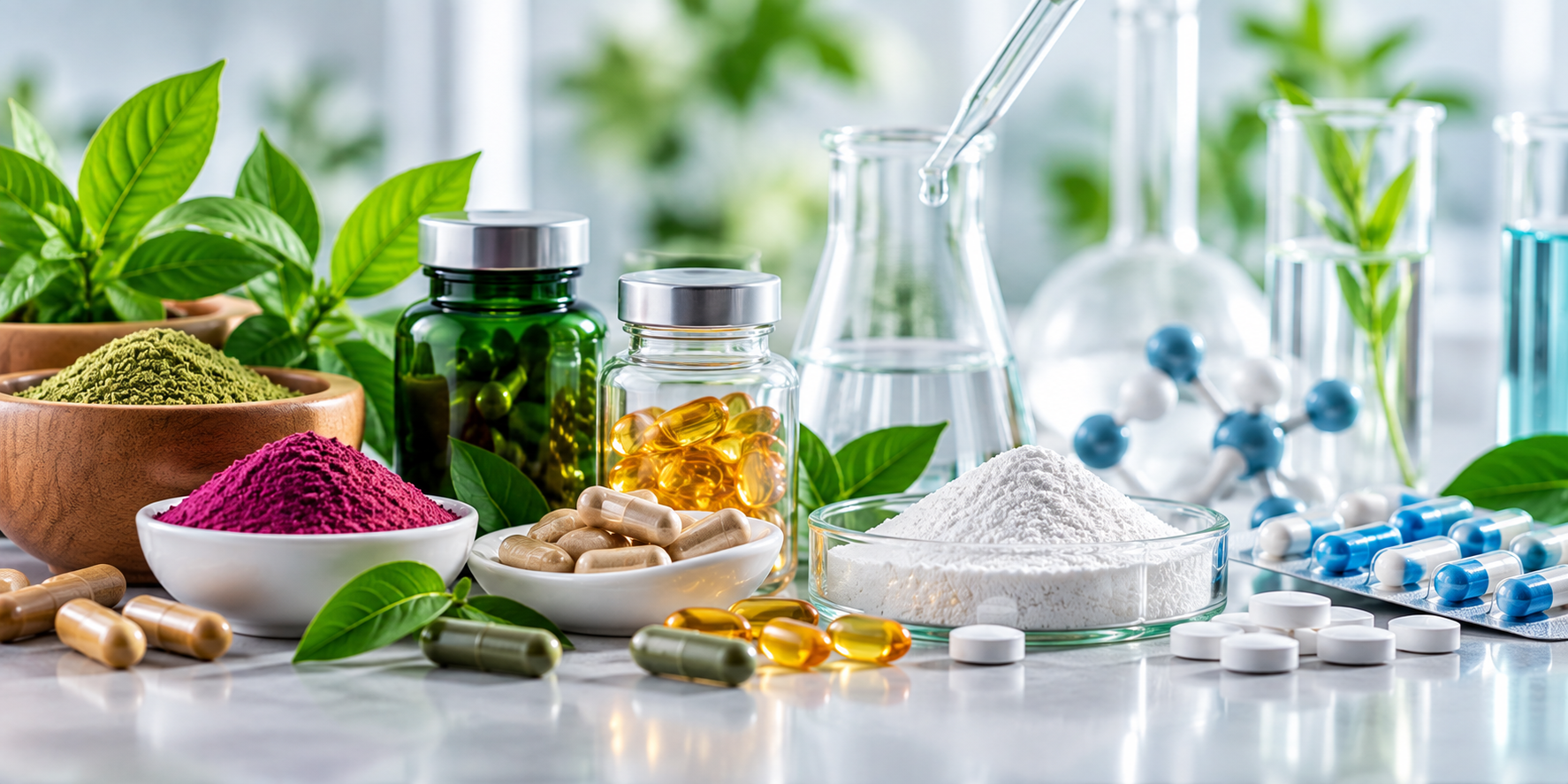 Assorted herbal supplements, vitamins, and chemical compounds on a laboratory table with green leaves, glass containers, and scientific equipment in the background.