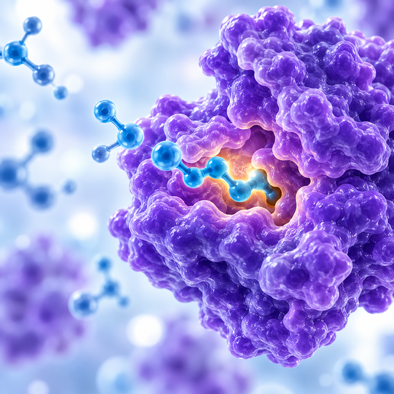 A digital illustration of a purple cell with a molecule entering through a membrane.