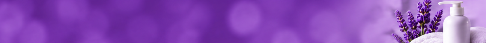 Lavender flowers, a white lotion pump bottle, and a rolled towel on a purple background.
