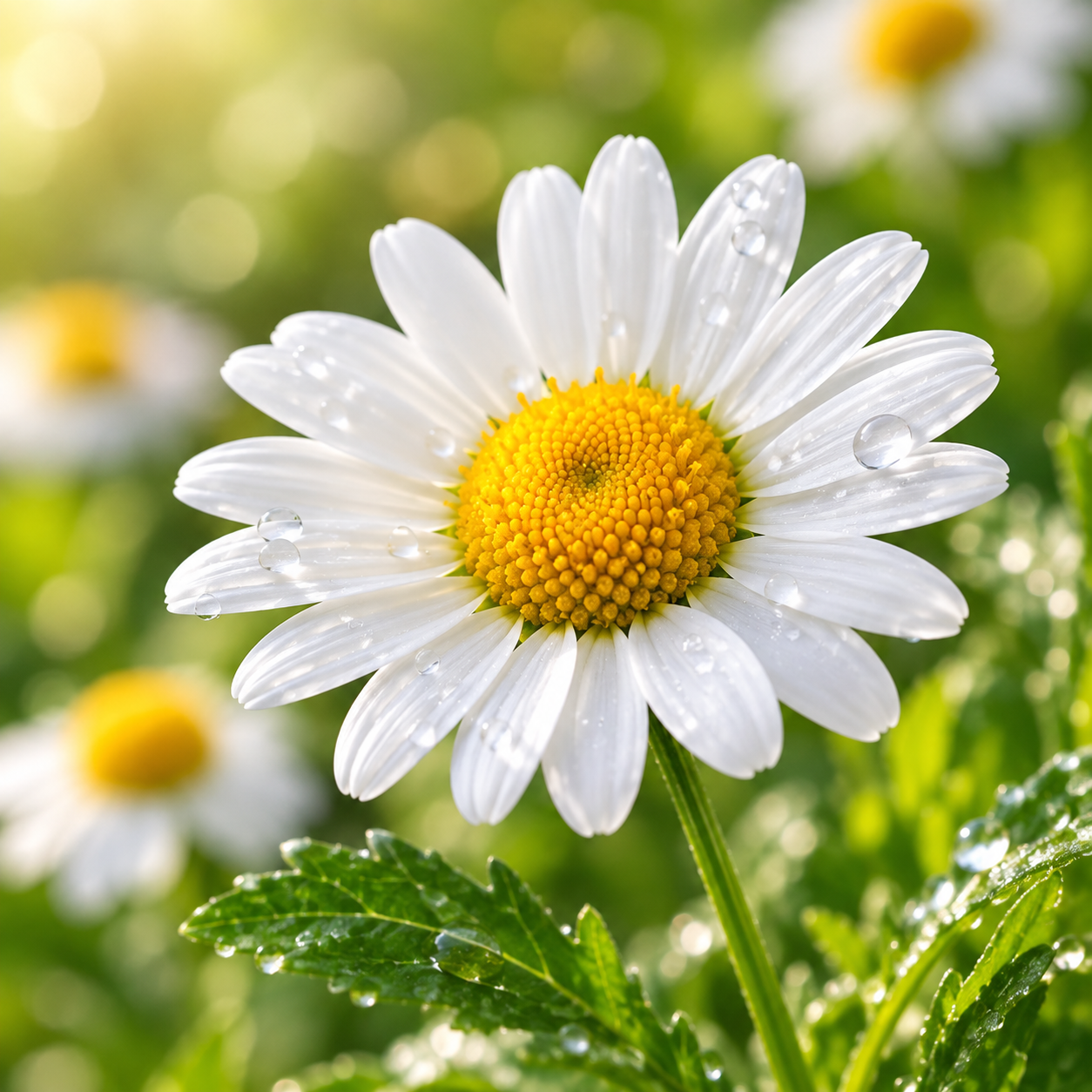 Close-up of a white daisy flower with yellow center and water droplets on petals, green leaves and blurred background with sunlight.