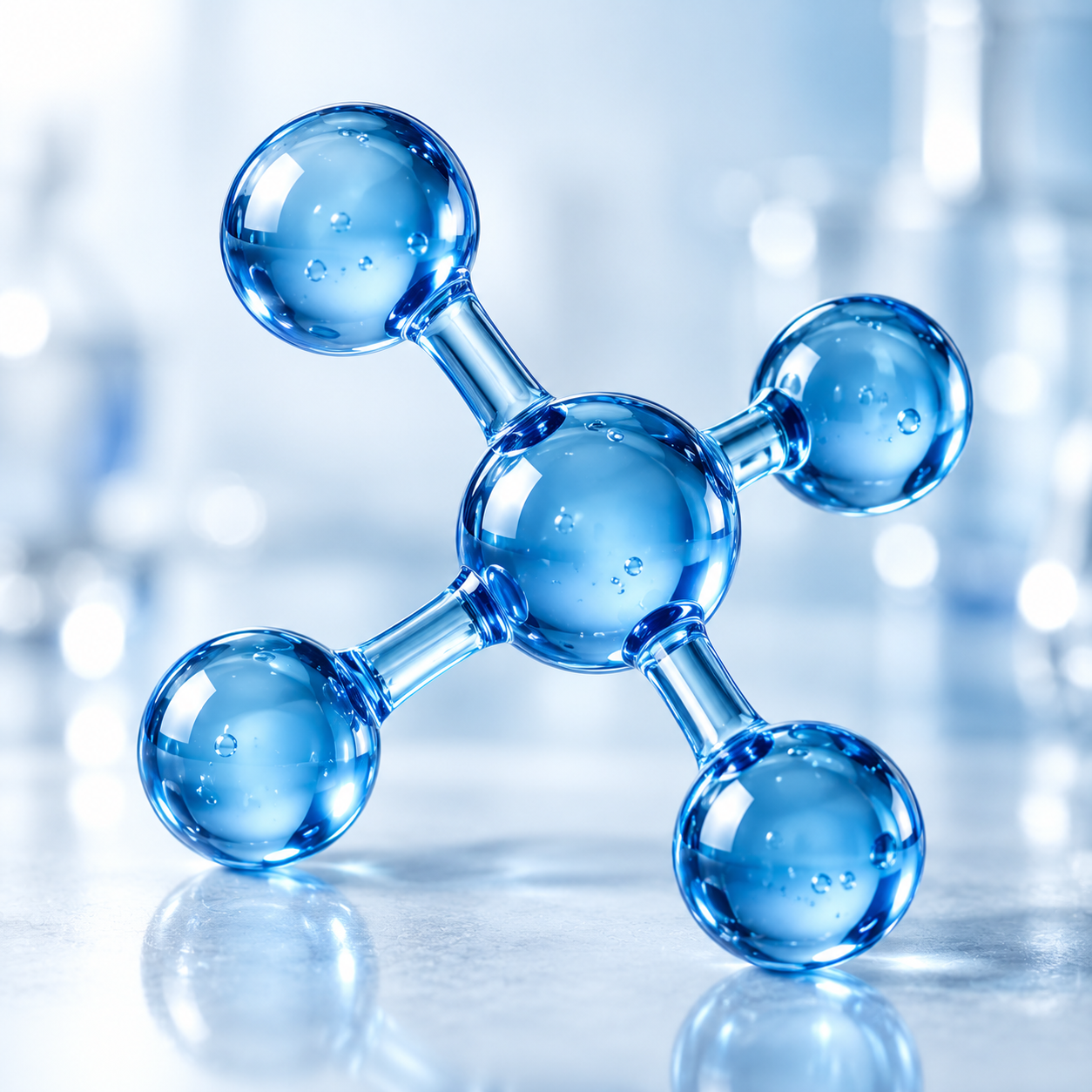 A digital illustration of a blue molecular model with several connected spherical atoms on a reflective surface.