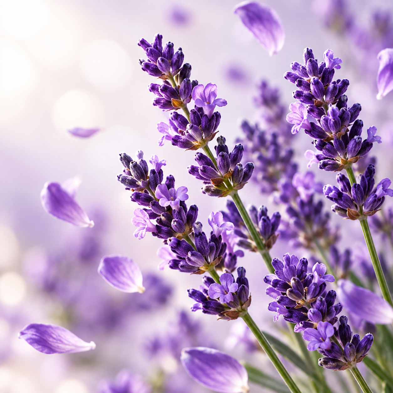Close-up of purple lavender flowers with some petals falling, soft light background.