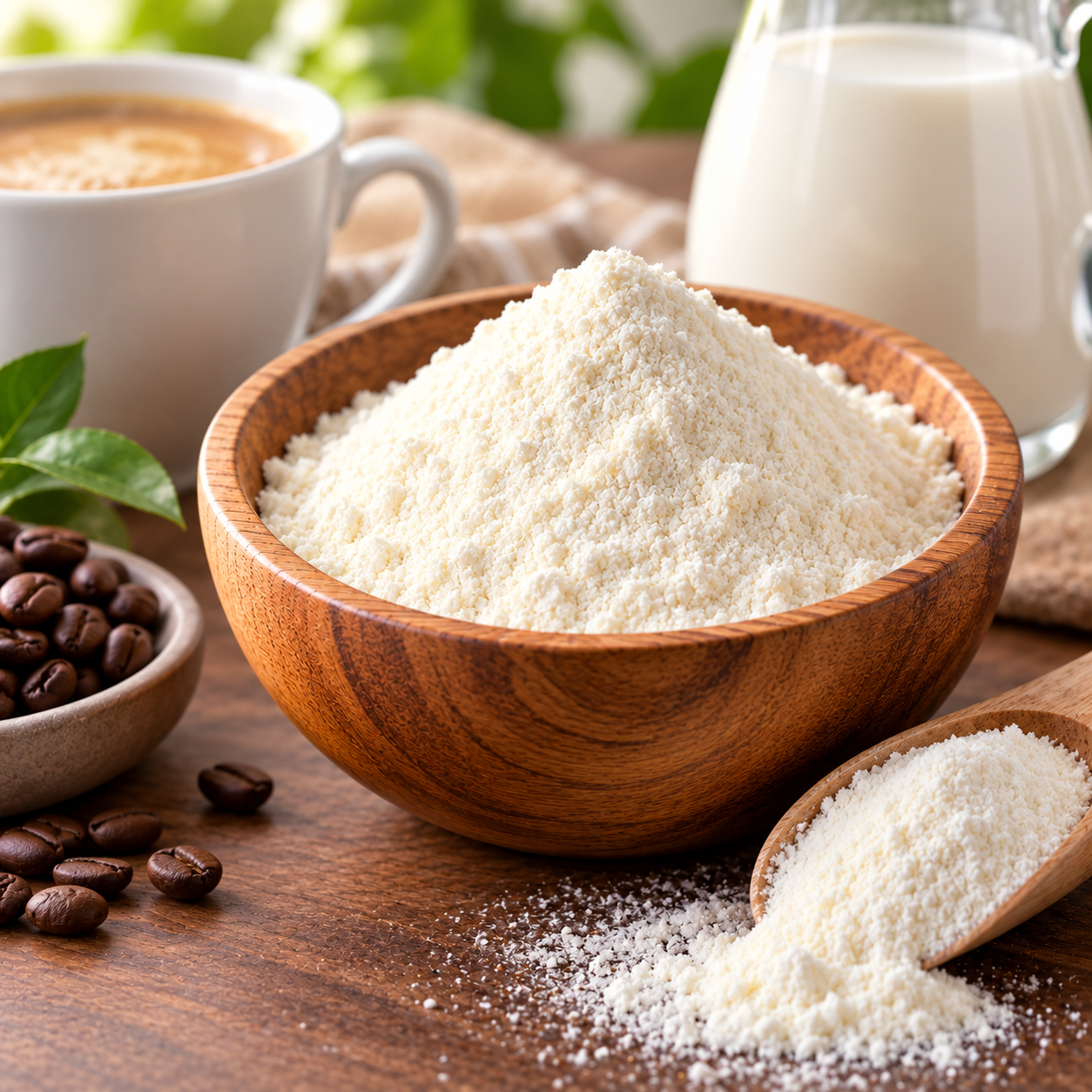 A wooden bowl filled with white flour, with some flour spilled on the wooden surface. Nearby, there's a small spoon with more flour, a bowl of coffee beans, a cup of coffee, a pitcher of milk, and some green leaves.
