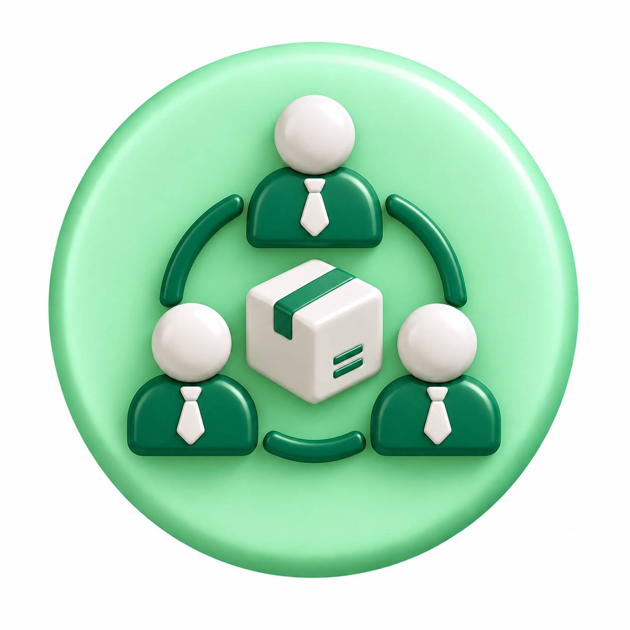 Icon of three people with ties connected in a circle around a box, representing teamwork or collaboration in a green circle.