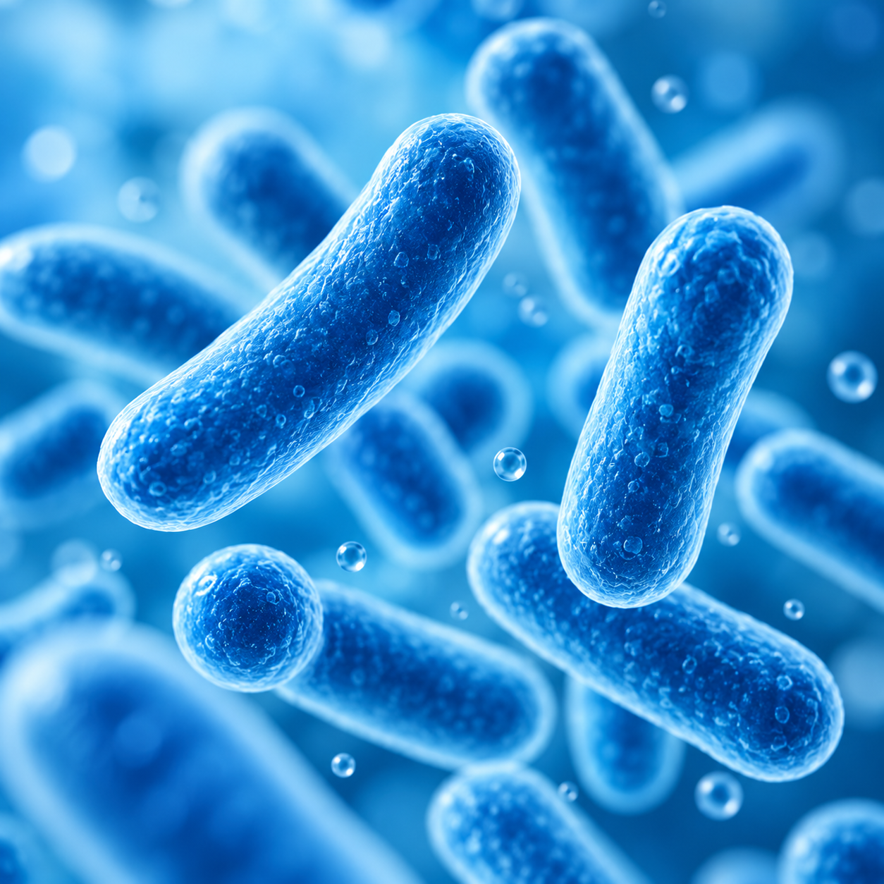 Magnified view of blue bacteria or germs floating in liquid.
