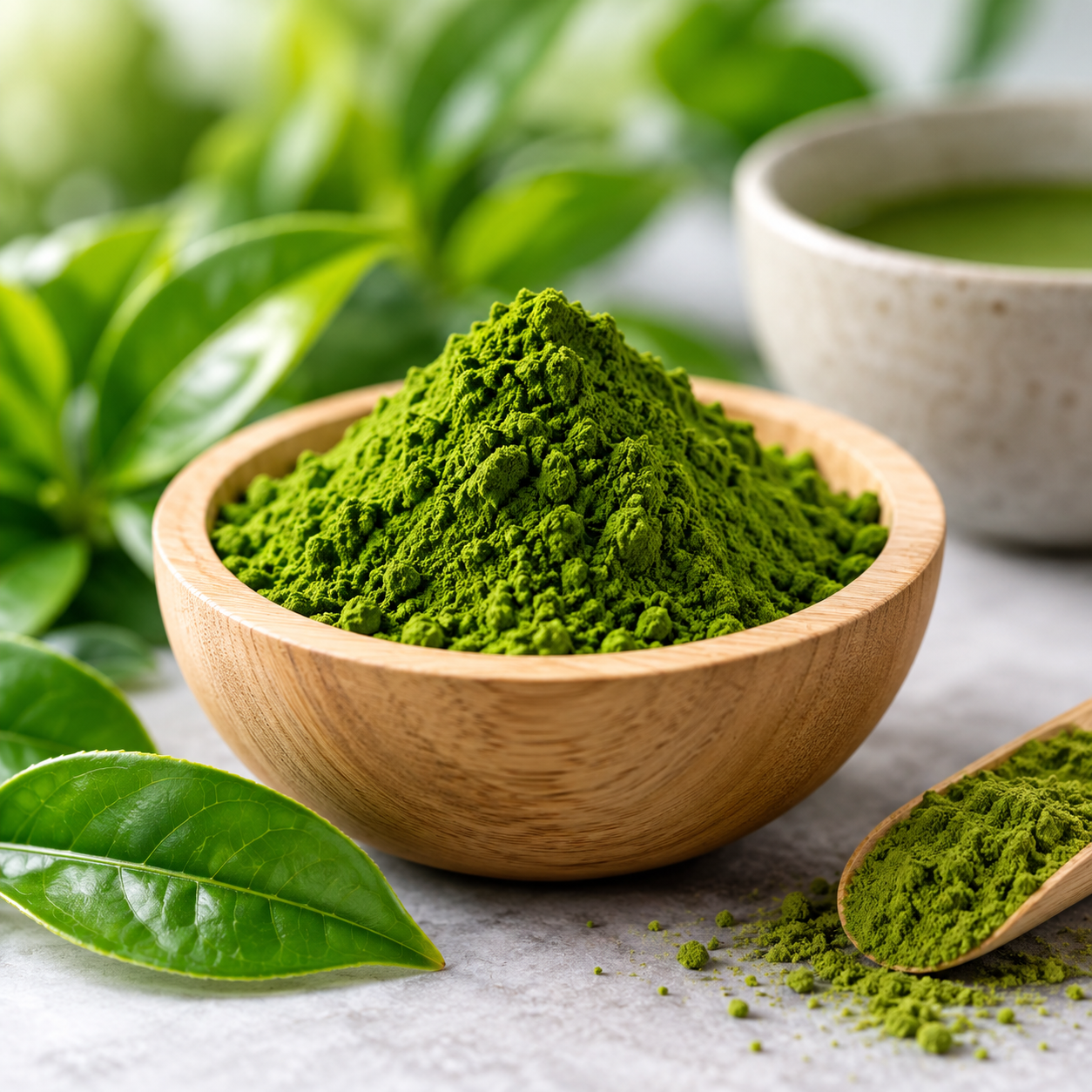 A wooden bowl filled with bright green matcha powder, with a small scoop of the powder beside it on a textured surface. There are green leaves and a bowl of brewed matcha tea in the background.