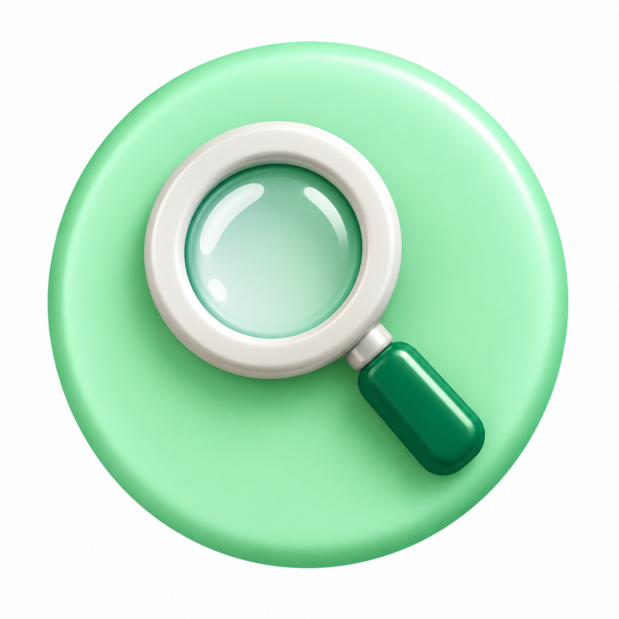 Green circular button with a white border and a magnifying glass icon on top.