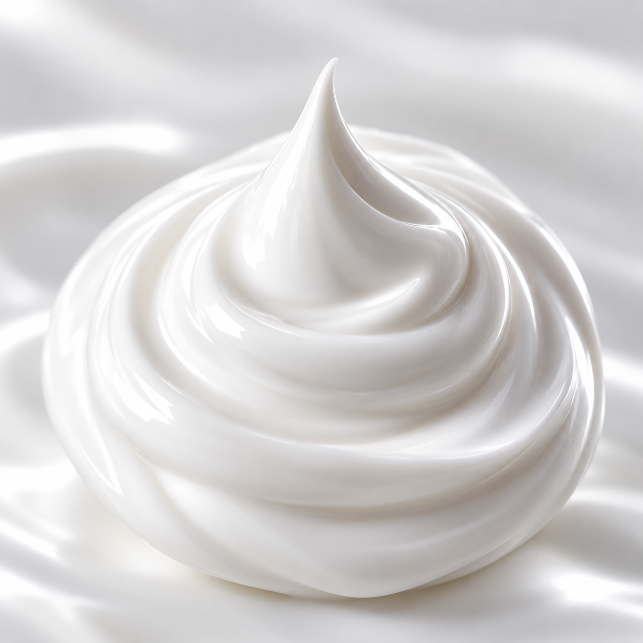 Close-up of swirling dollop of white whipped cream or mousse on a smooth surface.