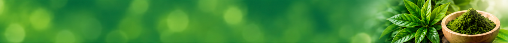 A background of blurred green leaves with a wooden bowl containing green moss and a bunch of green leaves placed next to it.