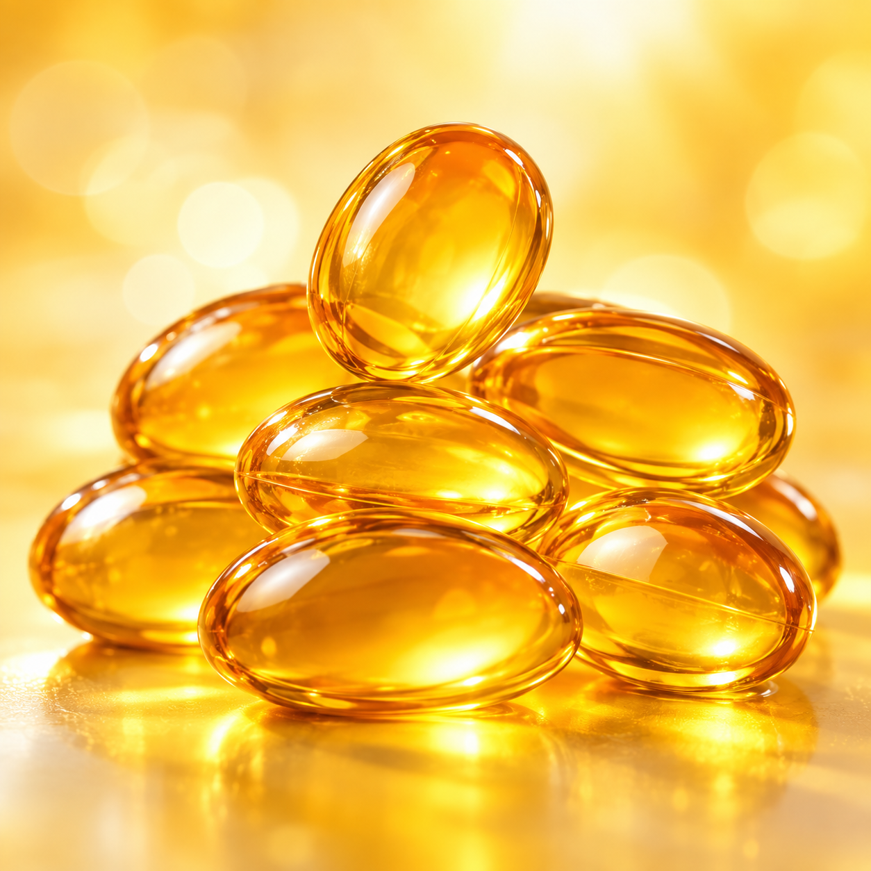 Close-up of shiny, golden softgel capsules stacked on a reflective surface with a golden bokeh background.