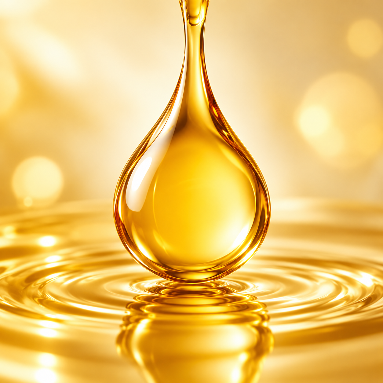 Close-up of a golden drop of liquid, likely oil, falling into a pool of the same liquid, creating ripples with a warm, golden background.