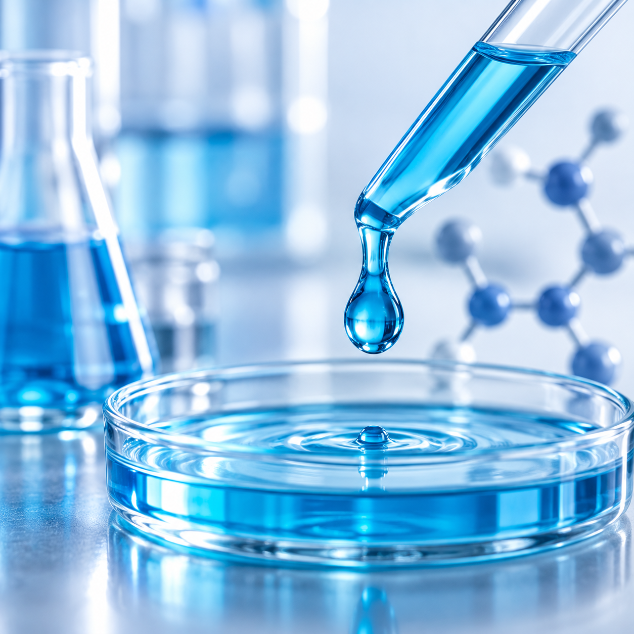 A close-up of a laboratory scene with a pipette dropping blue liquid into a petri dish, surrounded by laboratory glassware and molecular models.