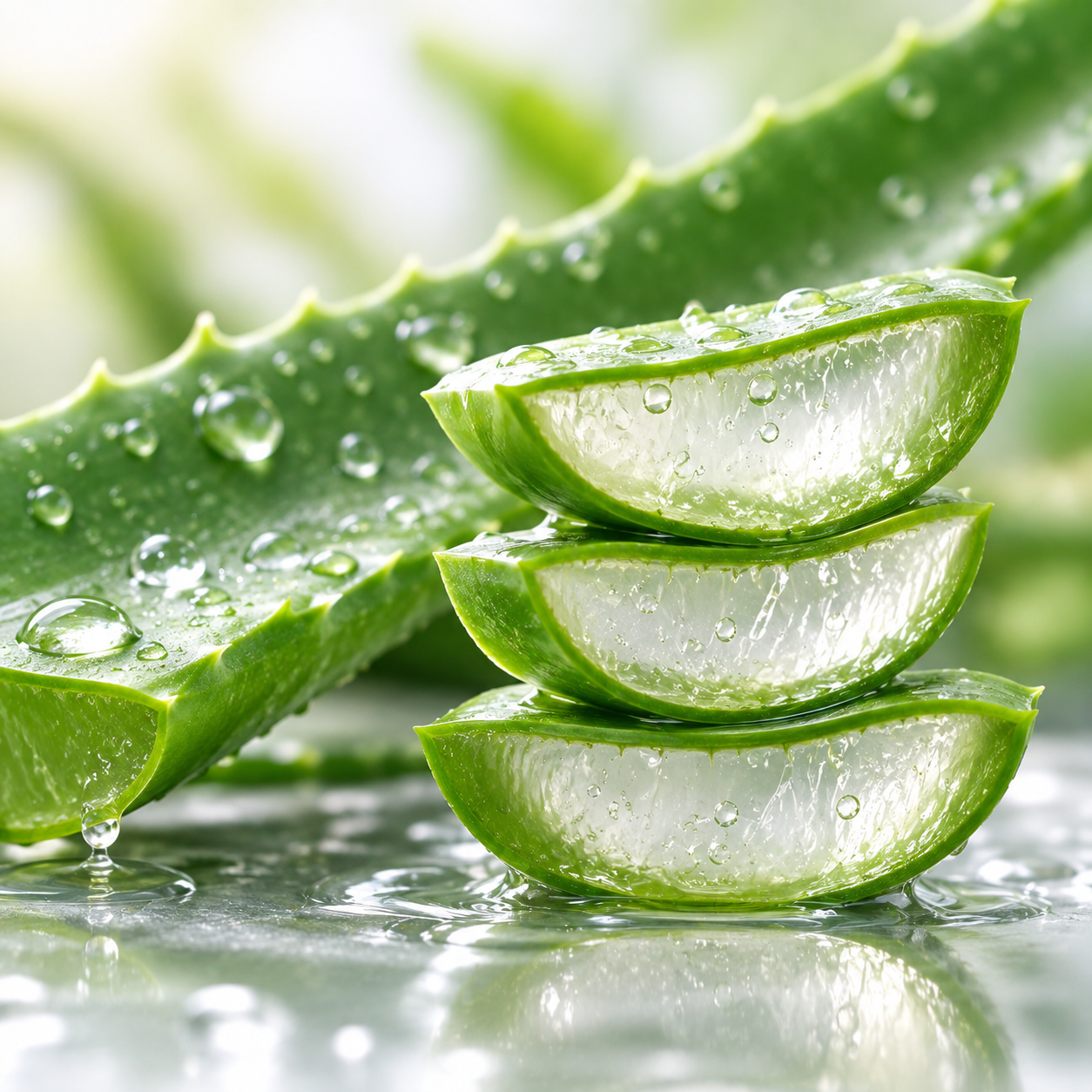 Close-up of sliced aloe vera leaves with water droplets, stacked against a blurred green background.