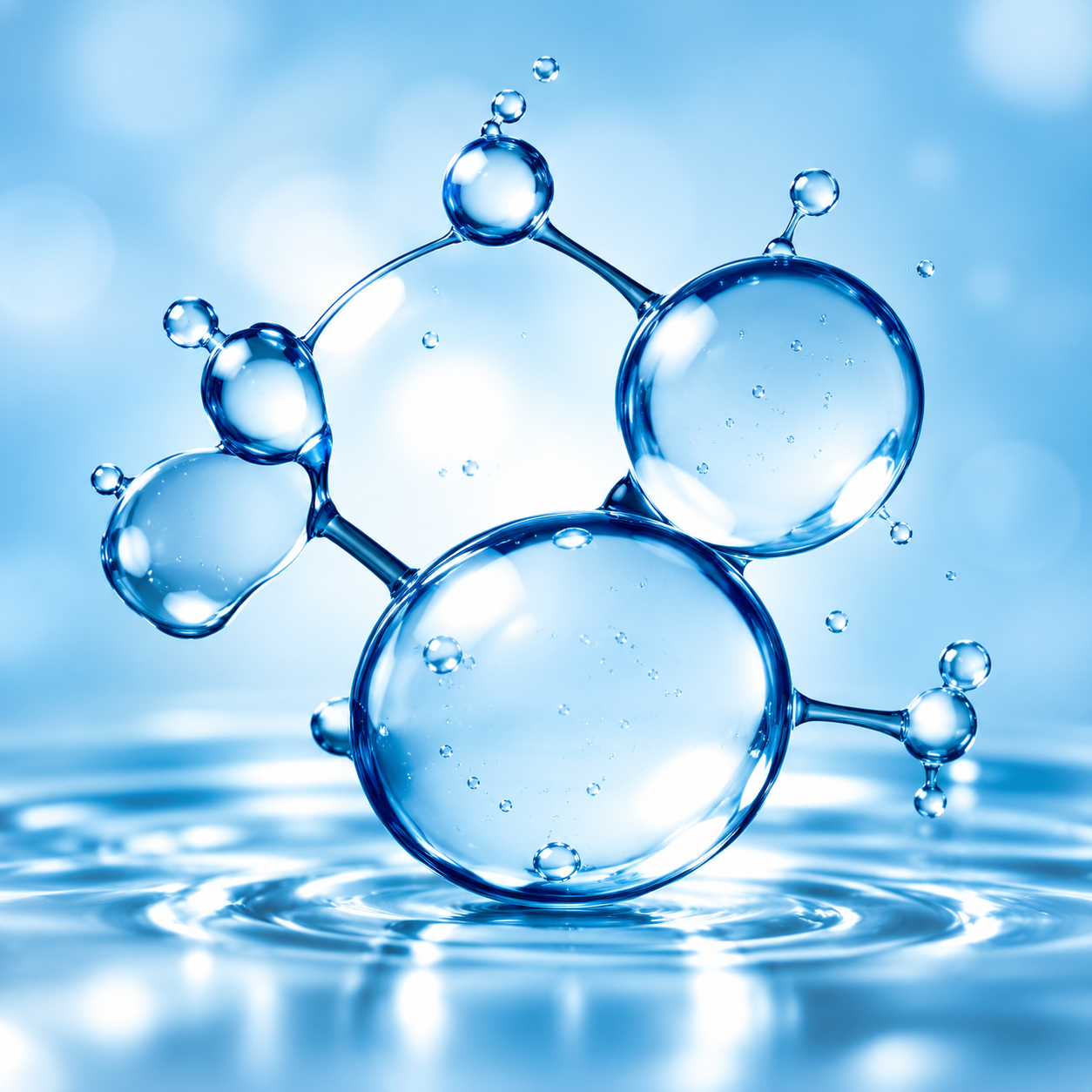 Close-up of water molecules with a blue background and reflections