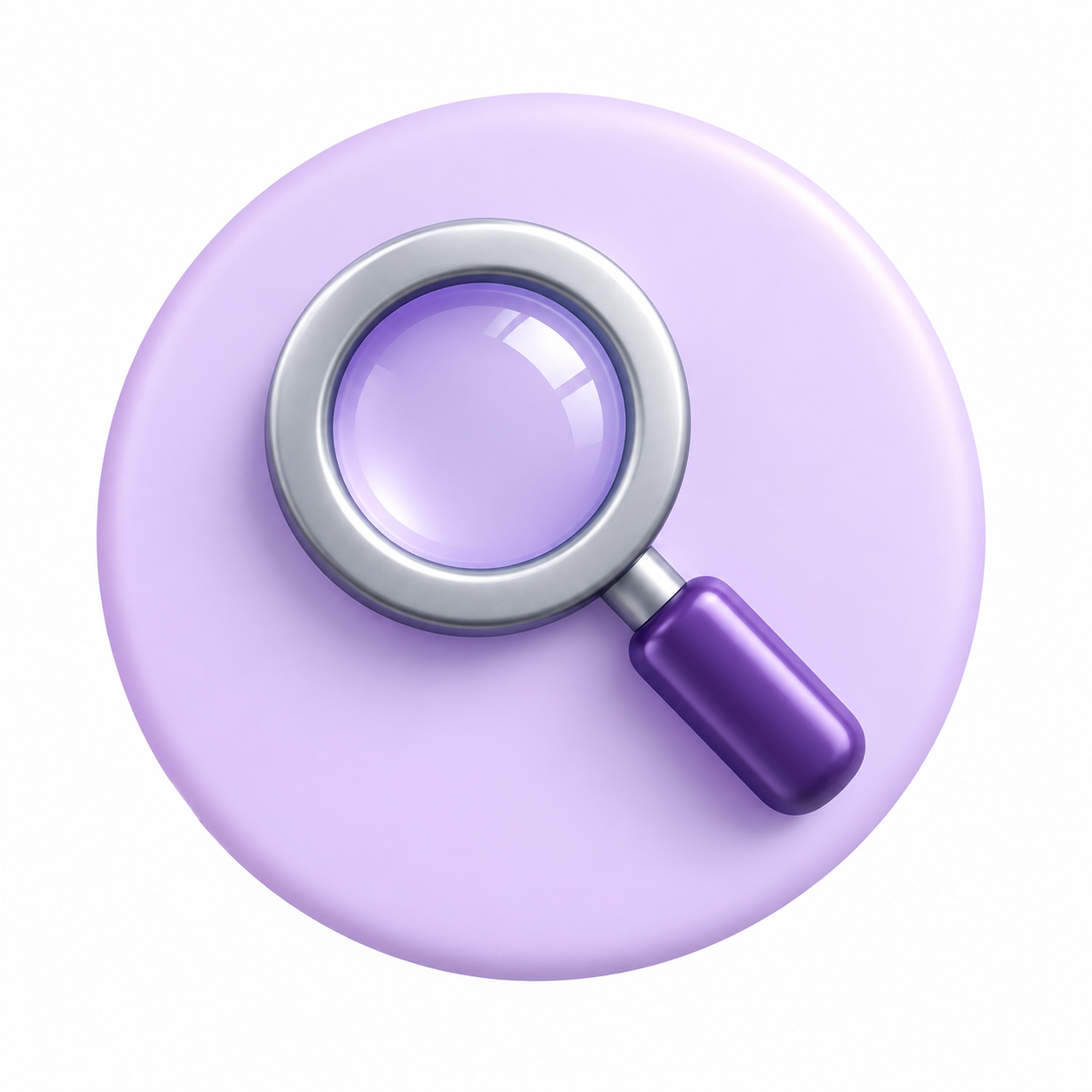 A magnifying glass with a purple handle and silver rim resting on a purple circular surface.